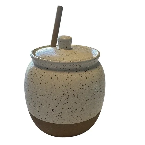 Smith and Hawken Stoneware Honey Pot with Dipper & Lid Speckled Cream Brown - Picture 6 of 8
